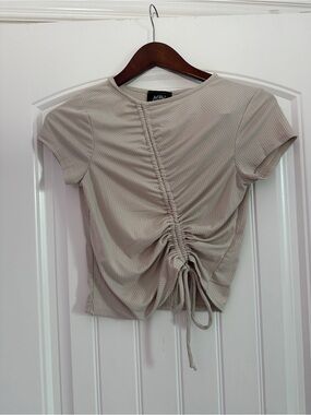 Ruched Front Ribbed Short Sleeve Top - Neutral Beige